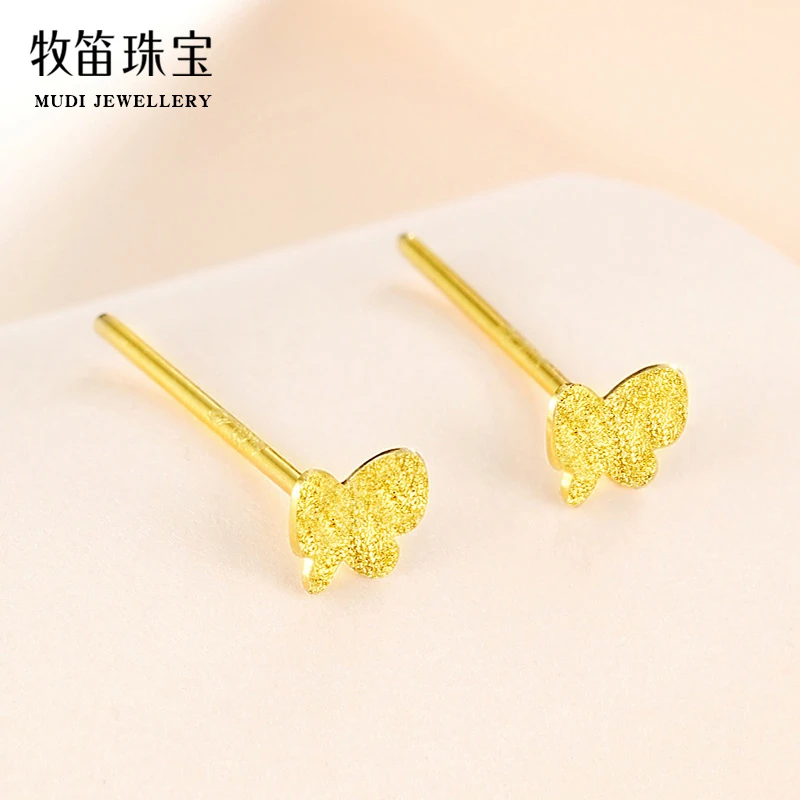 足金迷你小耳钉女士蝴蝶黄金999耳饰5G硬金磨砂面2023新款养耳洞