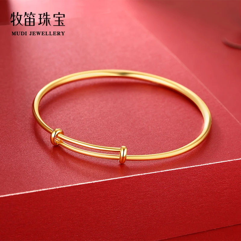 18K黄金手镯女士光面素圈空心粗手环au750推拉可刻字送妈妈款礼物