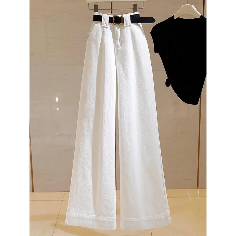 白色高腰阔腿牛仔裤女2024早秋新款美式垂感宽松显瘦直筒拖地裤子