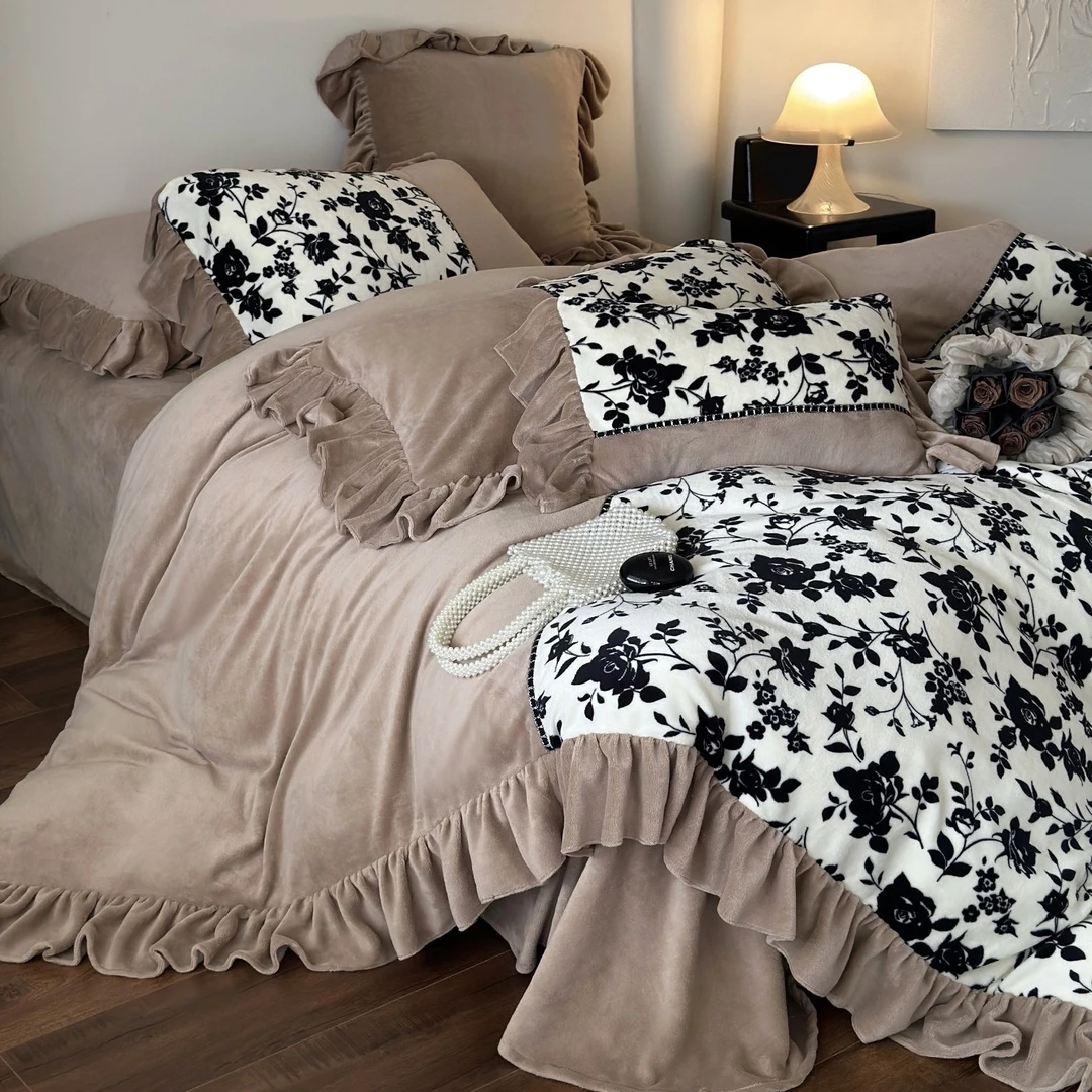 法式复古风花边牛奶绒四件套冬床上用品珊瑚绒床单被套加厚