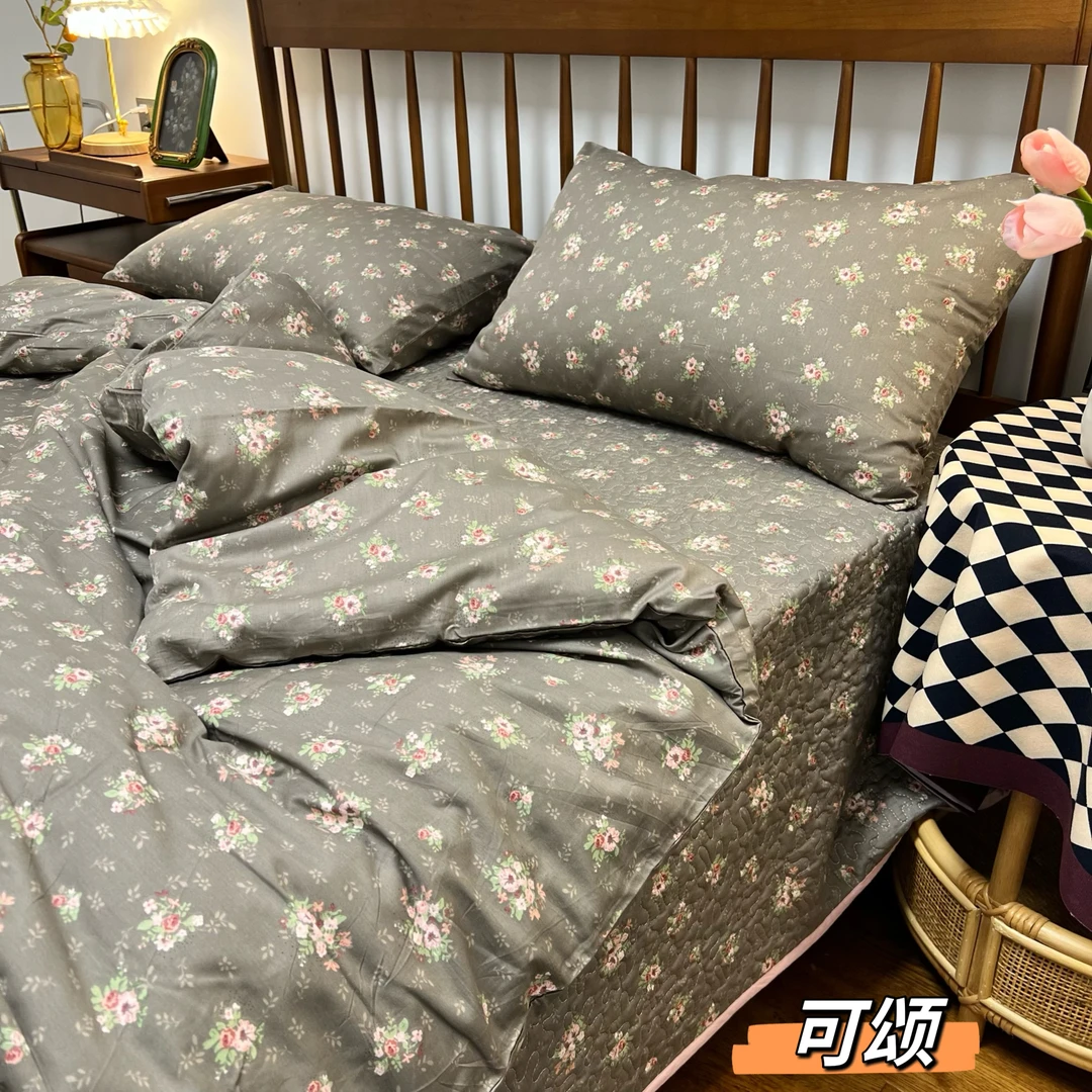 全棉绗缝床盖款四件套韩式田园小碎花小清新印花纯棉公主风被套