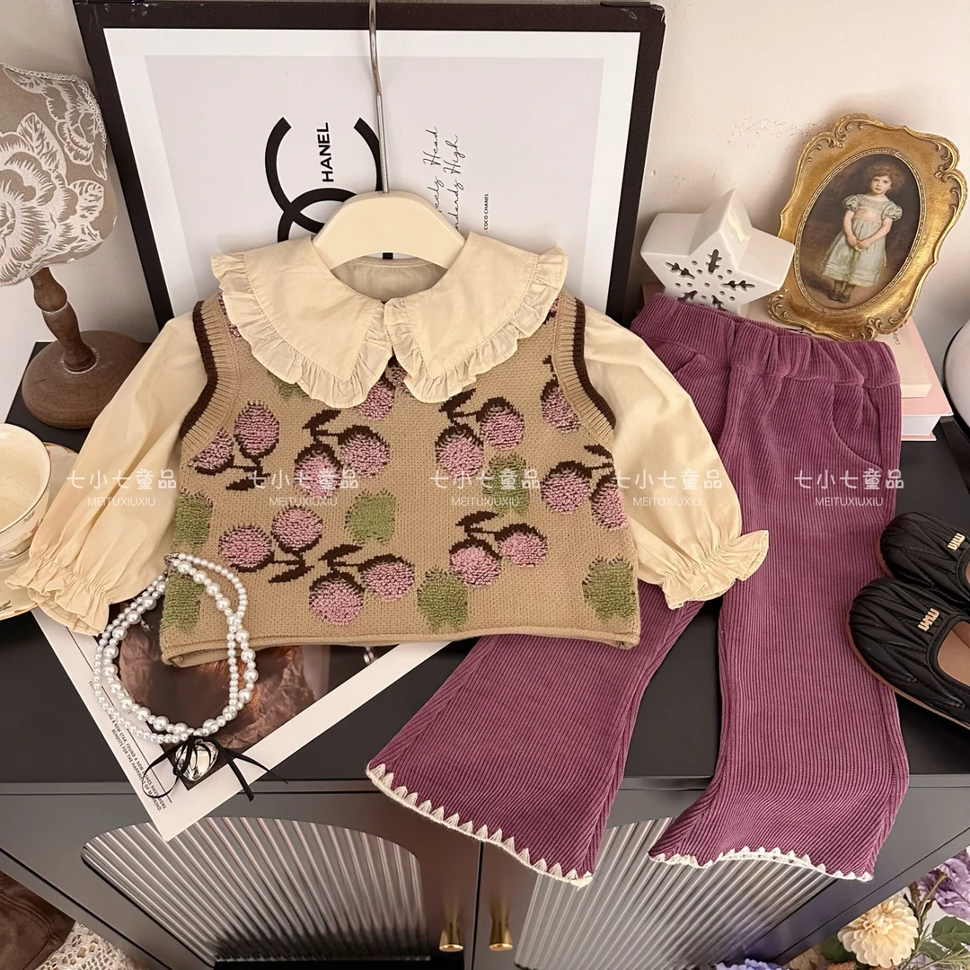 女童春装2025新款针织马甲娃娃衫喇叭裤公主三件套装C21796