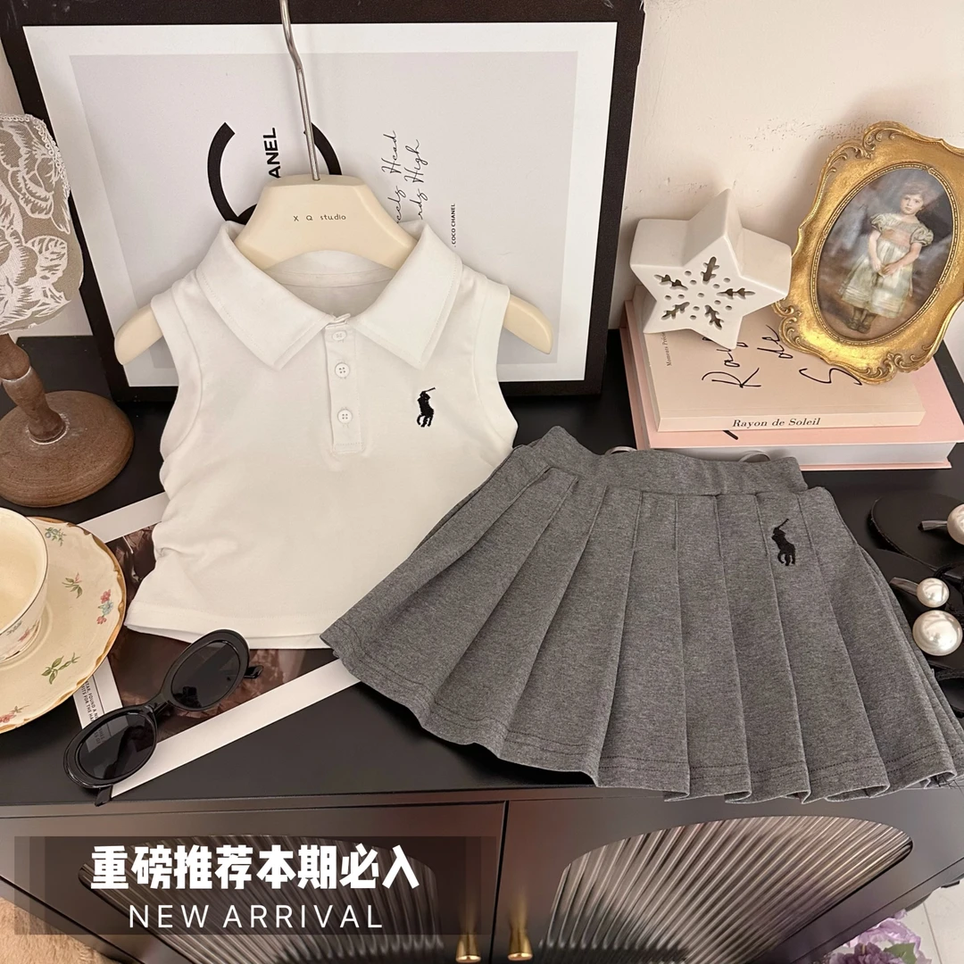 【七小七】女童2024夏季新款洋气刺绣polo无袖背心百褶裙套装C21508