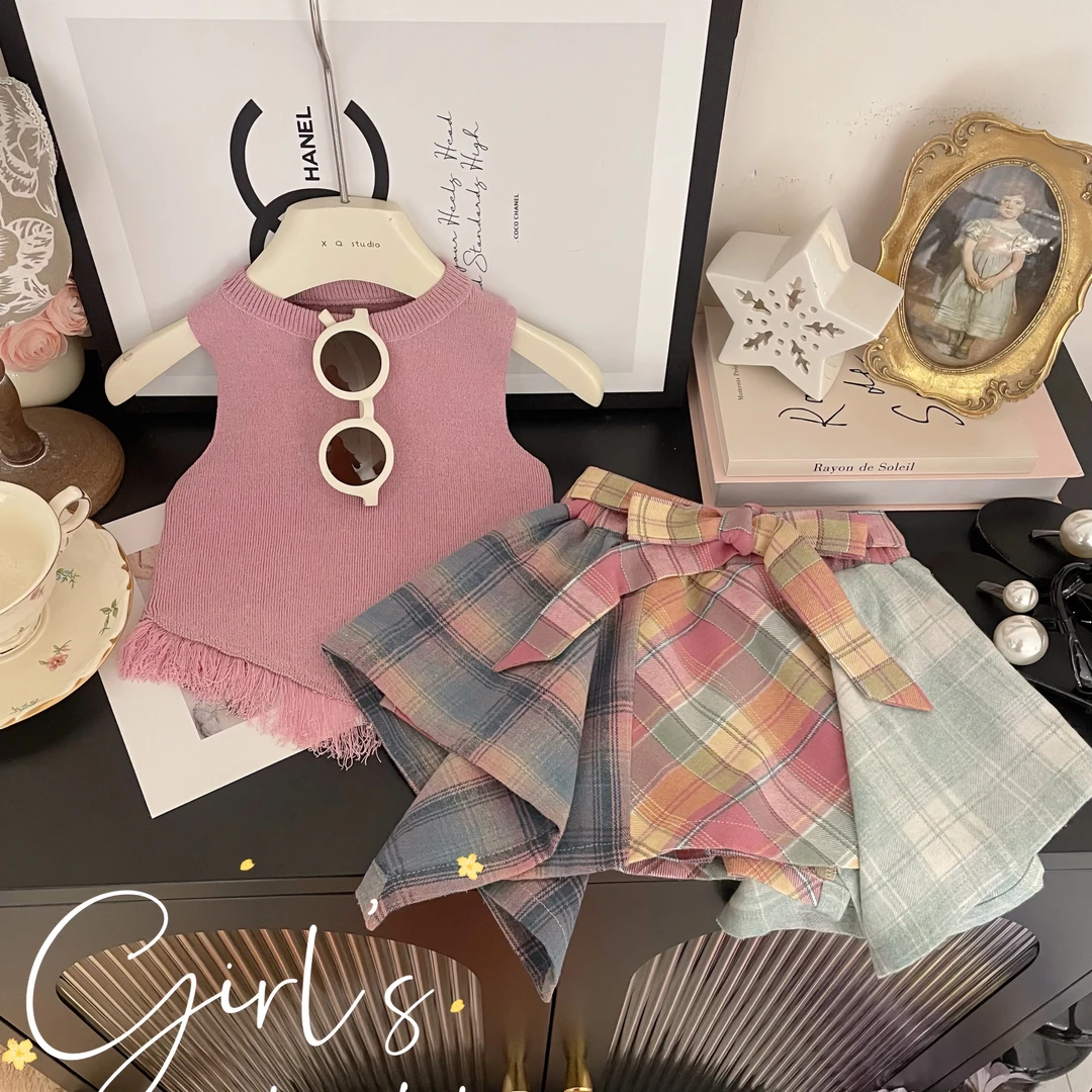 【七小七】女童夏季2024新款韩版流苏背心+设计感格子裙裤C21373