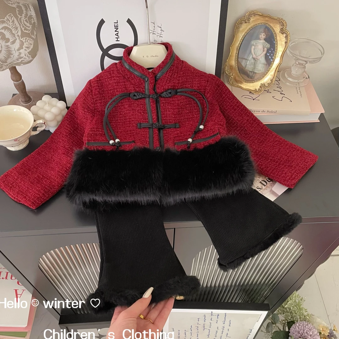 【七小七】女童冬季新款韩版国风夹棉外套喇叭裤套装C10926