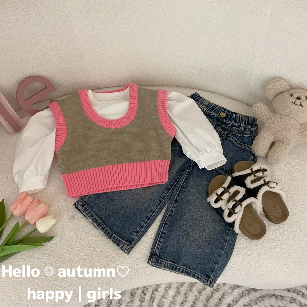 女童秋季针织马甲泡泡袖打底衫+牛仔阔腿裤套装C10631