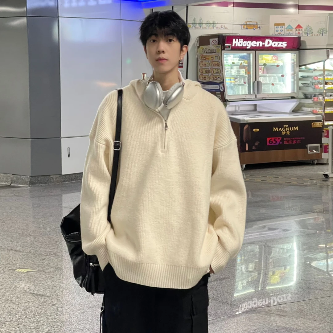 潮牌纯色宽松连帽毛衣男冬季韩版慵懒风针织衫加厚情侣装港风外套