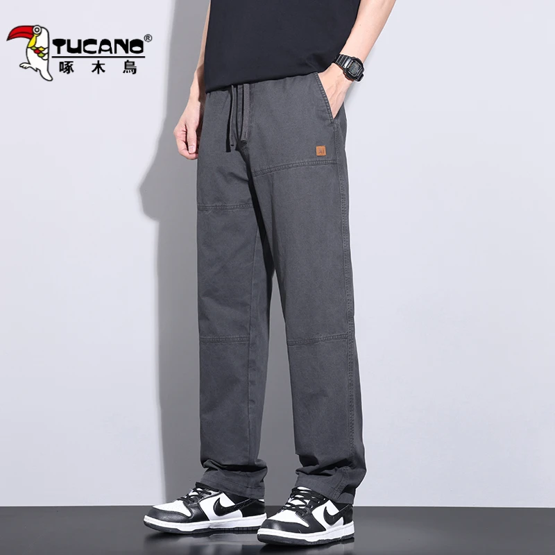 啄木鸟夏季抽绳简约纯棉直筒休闲裤男款宽松拖地裤潮牌纯色长裤子