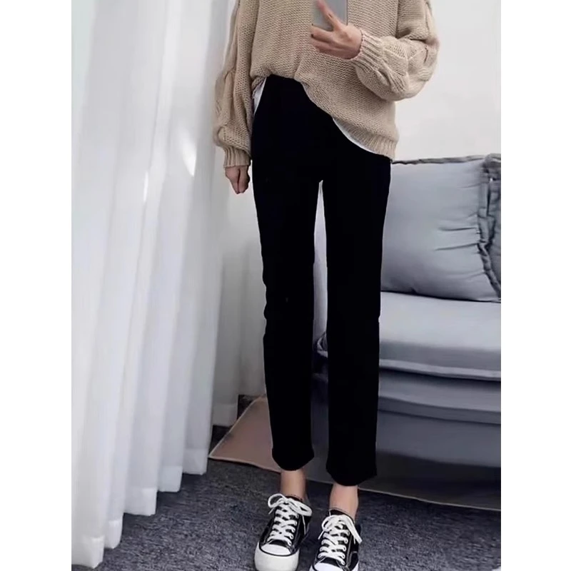 大码复古弹力黑色牛仔裤女春秋胖mm小个子高腰显瘦九分直筒烟管裤