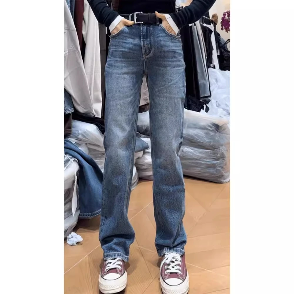 秋季新款蓝色高腰牛仔裤女大码胖mm显瘦修身直筒梨形身材裤子长裤