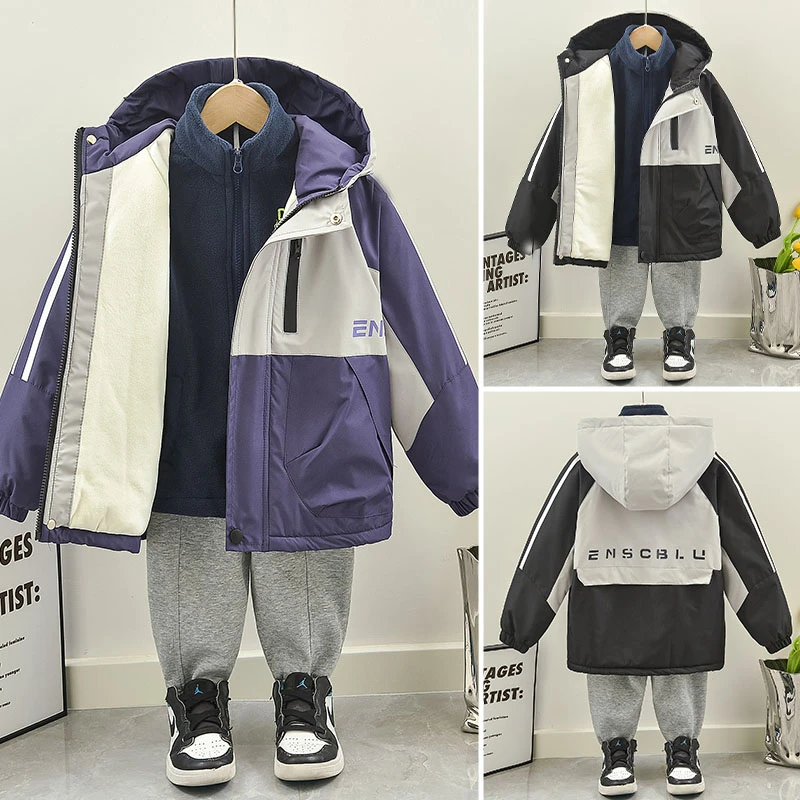 童装男童外套秋冬款2025新款儿童两件套冲锋衣派克服宝宝加绒夹棉
