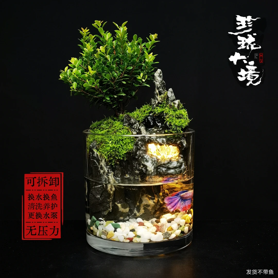 [遇山]小叶赤楠创意绿植桌面景观国风流水摆件发光鱼缸15*15cm