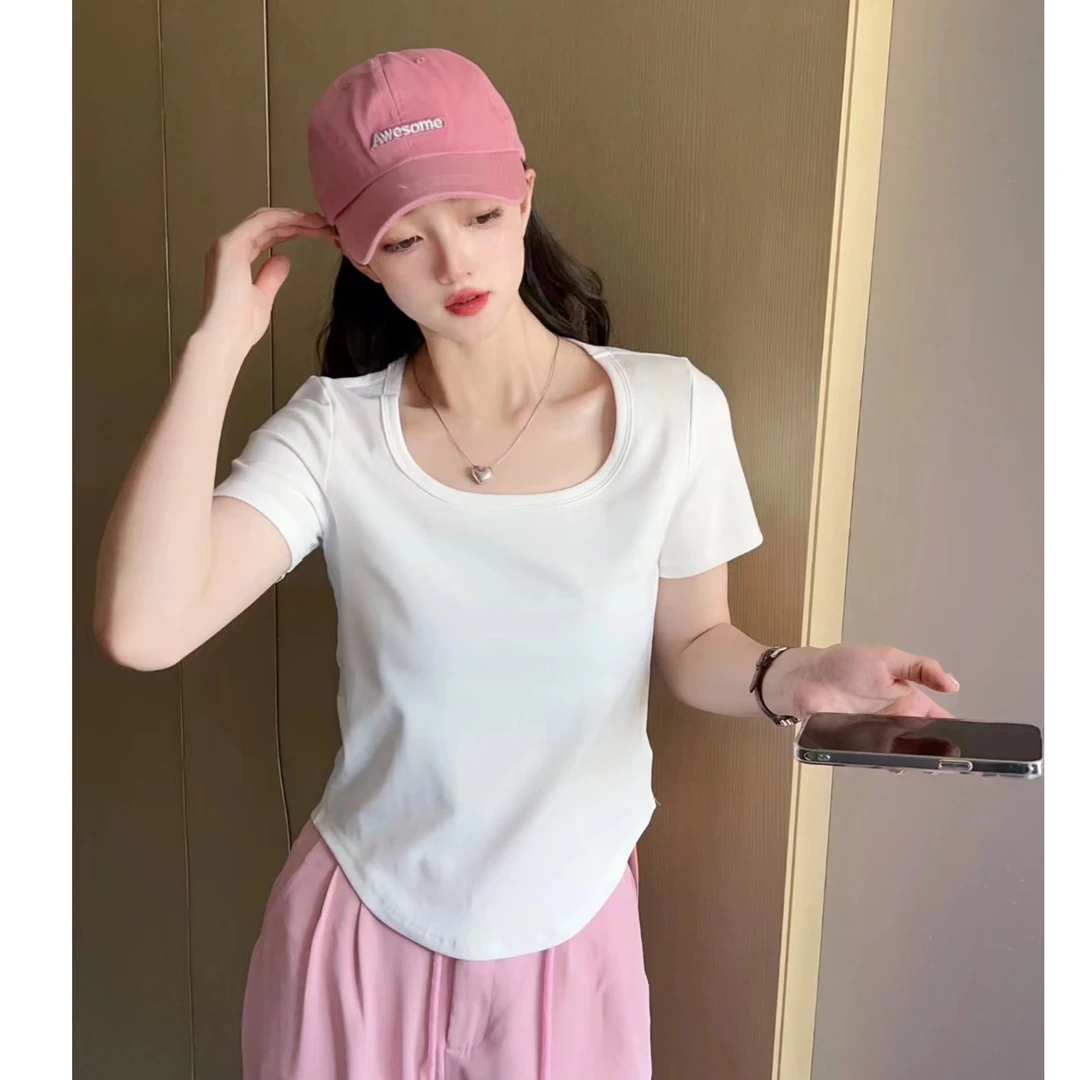 【九九专属】9726方领圆弧下摆短袖女款设计感t恤显瘦简约风纯色