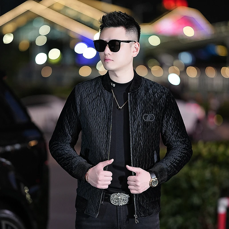 冬季字母刺绣轻奢丝绒夹克男士时尚潮流百搭修身棒球领加棉外套