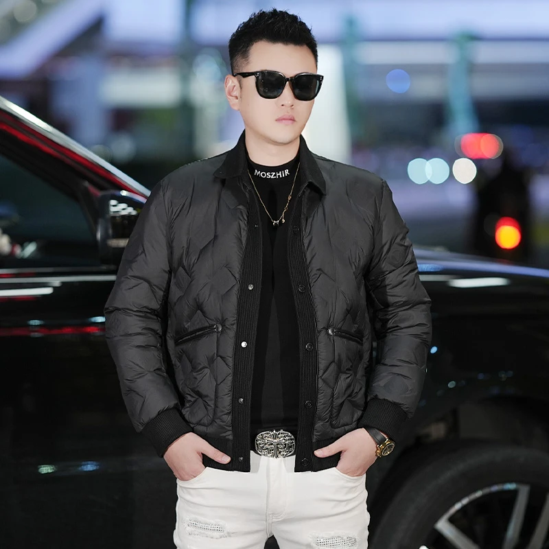 冬季时尚轻奢压花针织拼接羽绒服男士休闲轻薄保暖修身白鸭绒外套