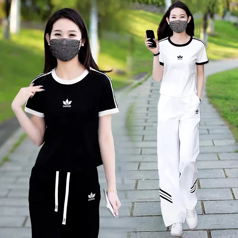 时尚休闲圆领短袖阔腿裤两件套女2024夏季新款洋气减龄运动服套装