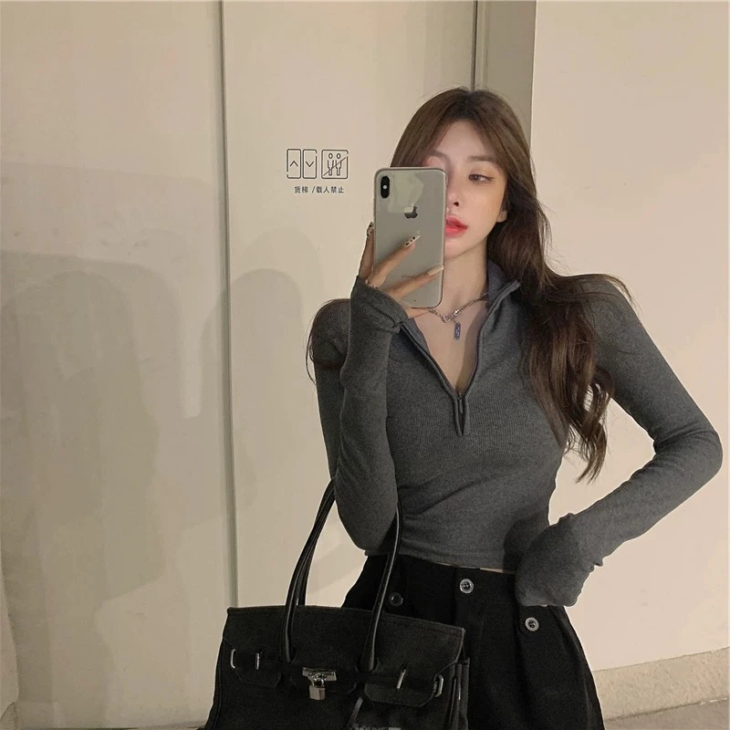春秋季短款紧身polo领拉链长袖T恤打底衫女内搭纯色气质修身上衣