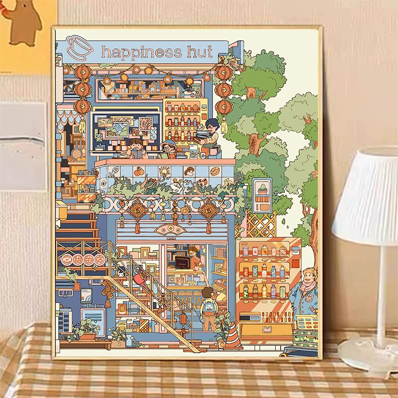 【新款上新】大颗粒画布红线条DIY数字油画丙烯手工减压装饰画