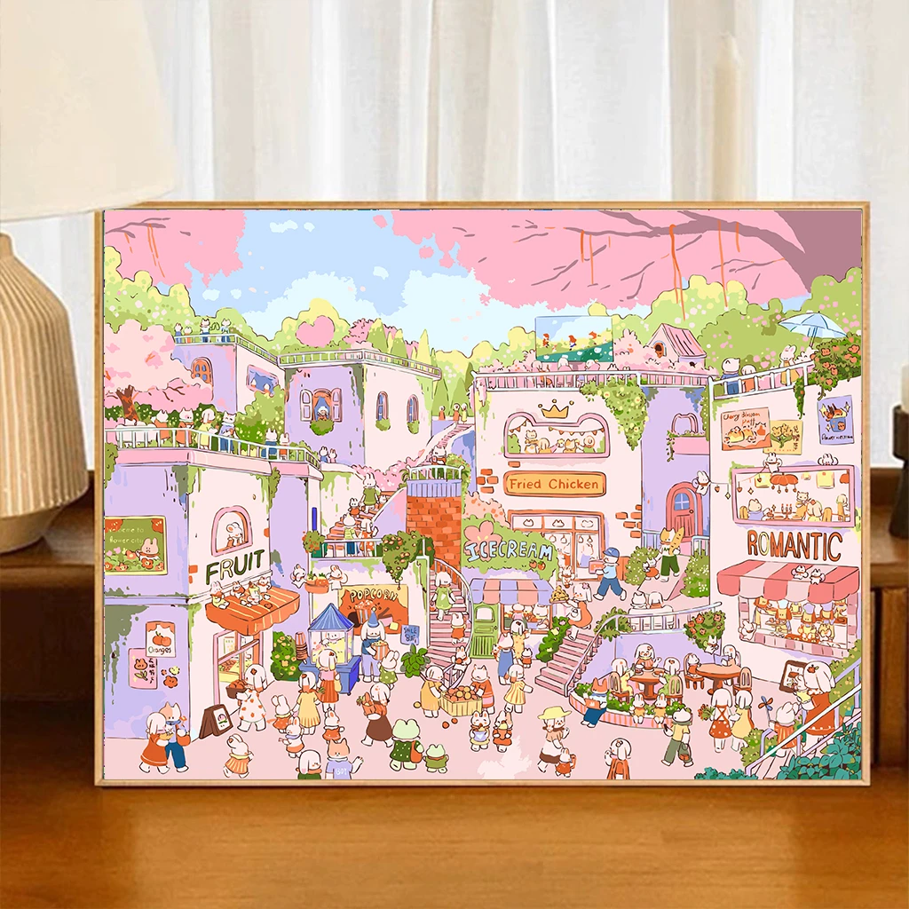 【樱花小镇】夏七酱 八代背板治愈风DIY数字油画丙烯手工装饰画