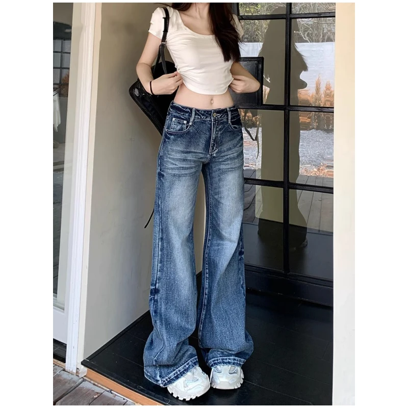 美式复古阔腿牛仔裤女秋季新款水洗裂痕宽松不贴腿直筒微喇拖地裤