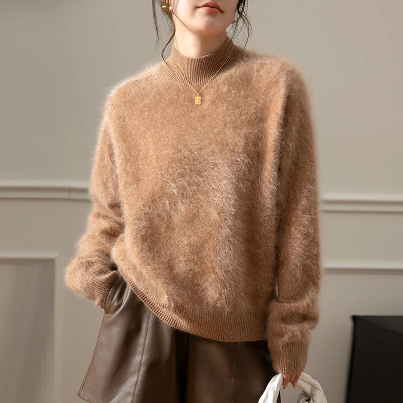 康赛妮100%山羊绒羊绒衫女厚款半高领宽松百搭秋冬套头拉绒毛衣