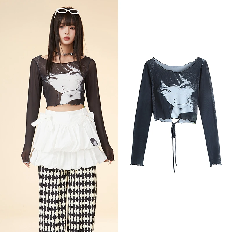 【甜辣时尚短款网纱】2024夏季新款可爱休闲百搭长袖设计感T恤女371