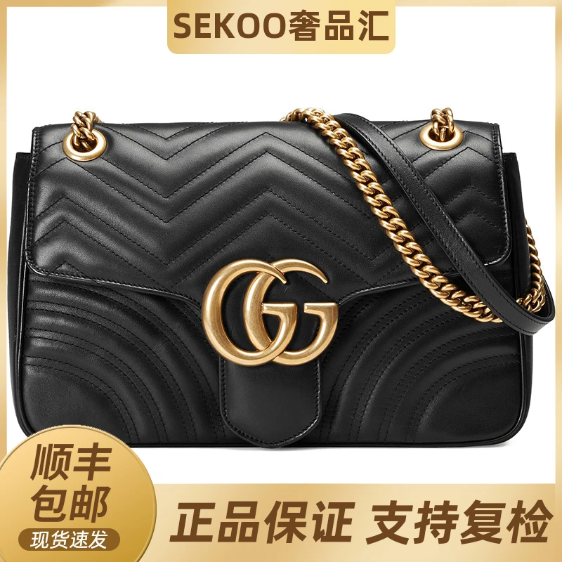 GUCCI/古驰【特价捡漏】女士马蒙金标LOGO绗缝皮革斜挎单肩包黑色