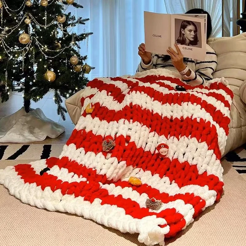 圣诞毛毯彩虹毯子手工编织diy材料包粗毛线猫尾巴线送男女友礼物