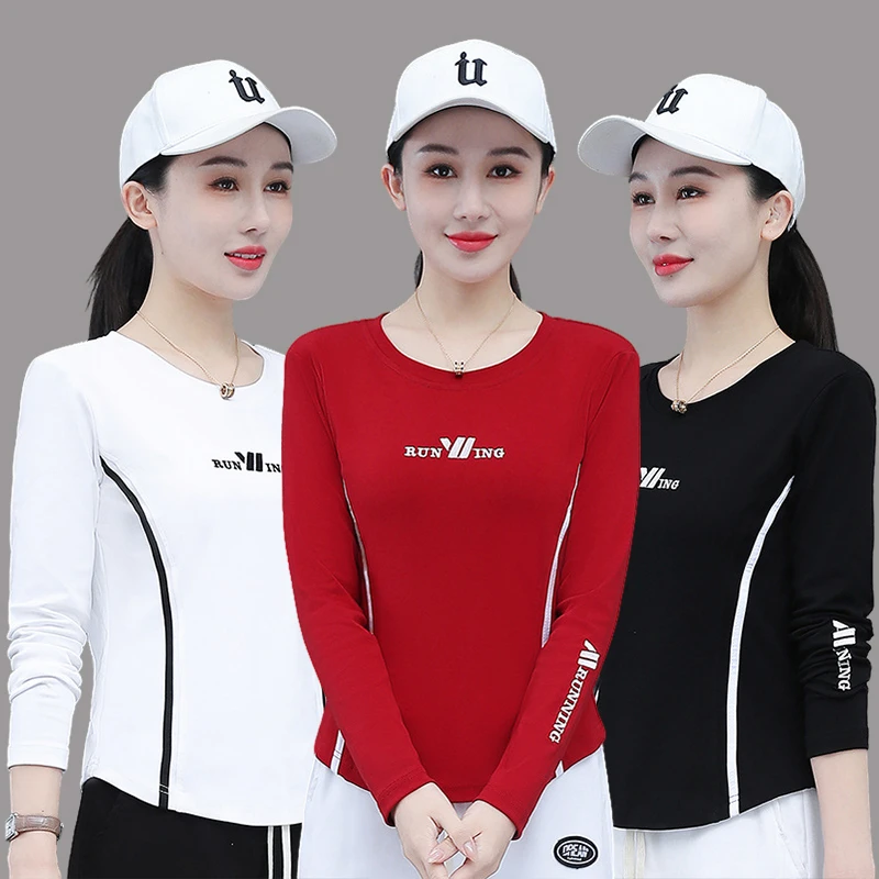 新款春季广场舞上衣长袖刺绣显瘦时尚百搭圆领健身跑步运动演出服