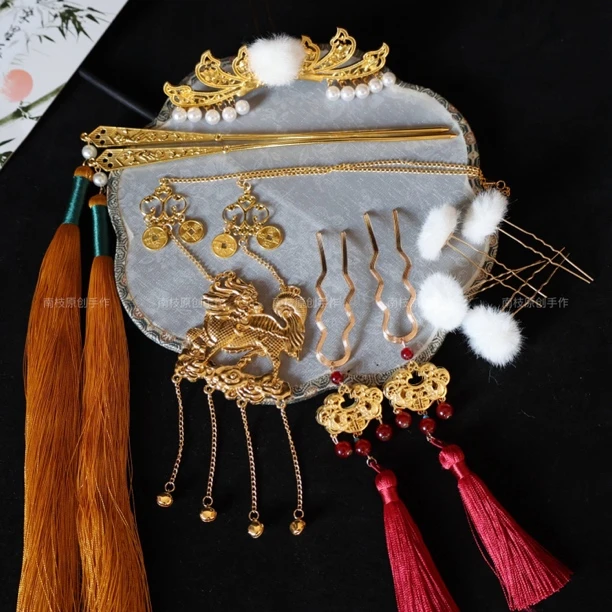 南枝麒麟璎珞十件套发冠发簪发钗古风流苏发簪步摇套装汉服配饰