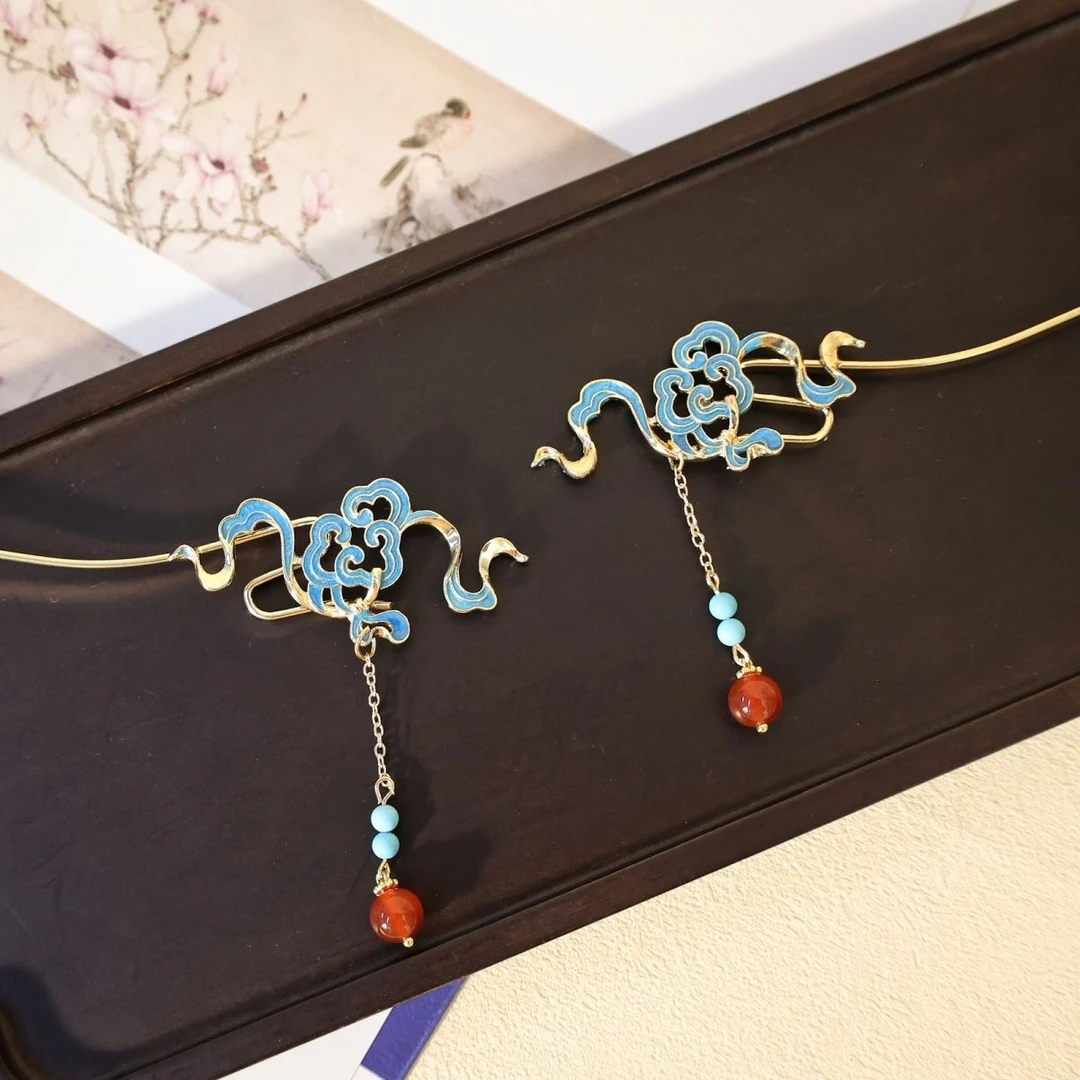 南枝烧蓝滴油发簪古风汉服配饰流苏步摇唐风簪子旗袍新中式发钗