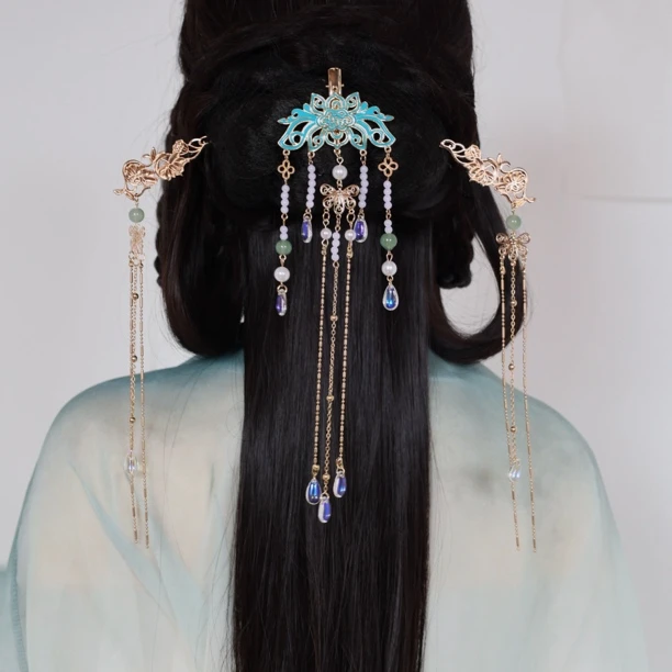 南枝原创烧蓝发夹流苏发簪套装全套步摇后压仙气后压汉服配饰发饰