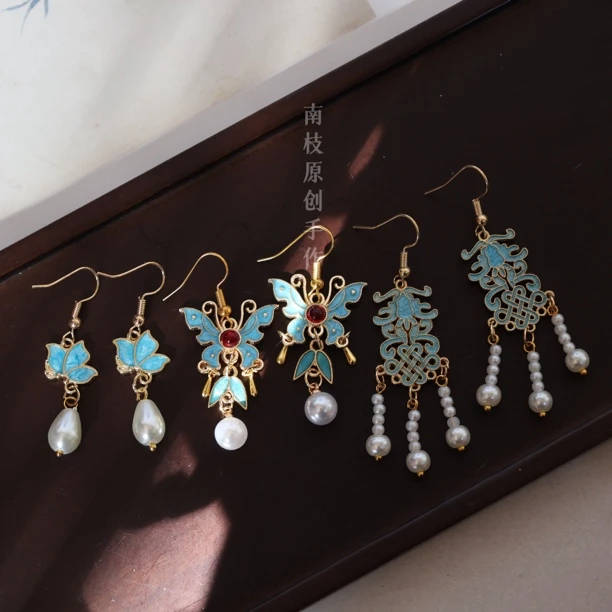 耳环三件套合金仿珍珠流苏耳饰滴油仿烧蓝耳环耳夹古风汉服配饰