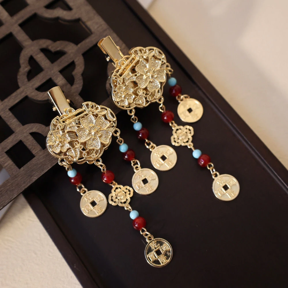 南枝古风汉服发饰铜钱锁流苏发夹过年喜庆装饰中国风百搭配饰