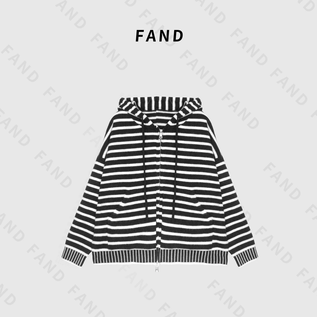 FAND妍妍【条纹上衣】针织搭配早秋小个子连帽黑白宽松慵懒风毛衣