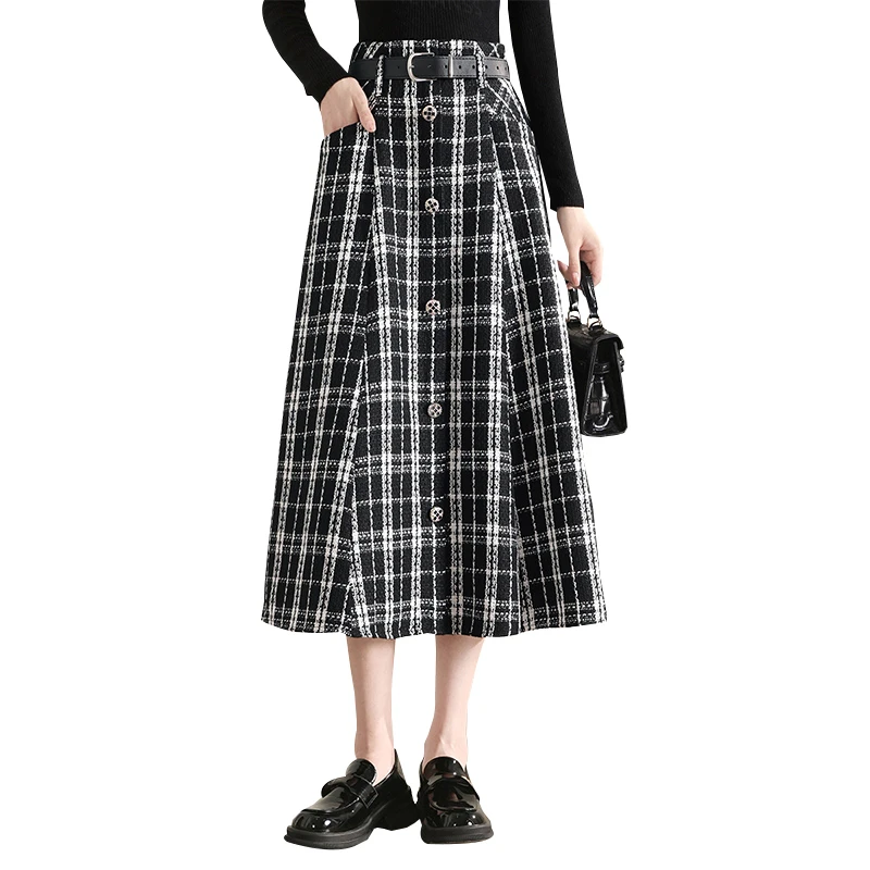 丝柏舍2024秋装新款女装高腰半身裙A字格纹复古中长裙S43F0089B