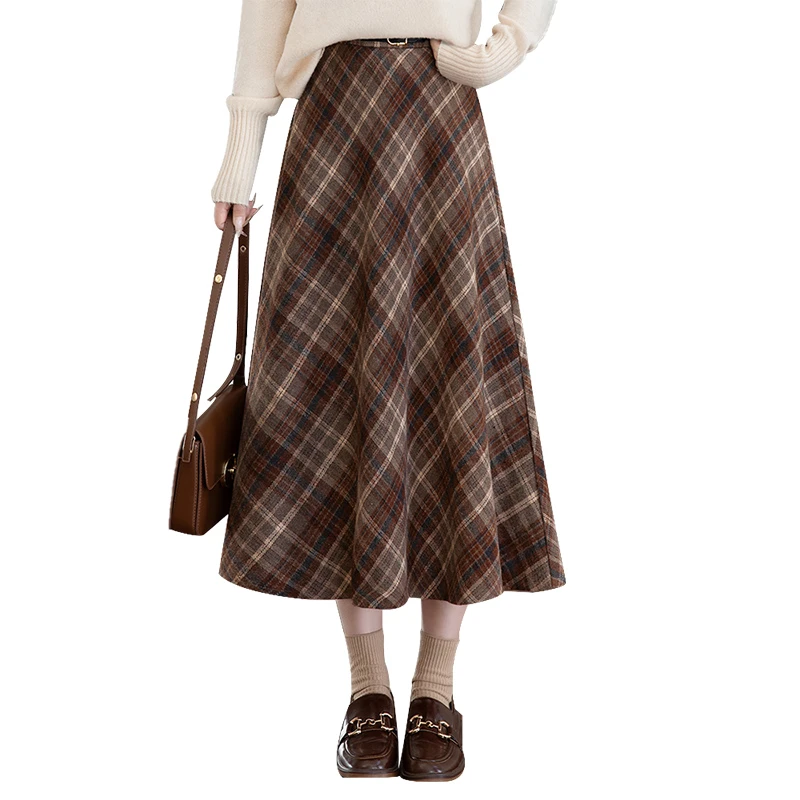 丝柏舍2025秋装新女装高腰气质中长款A字复古格纹半身裙S43B6417B