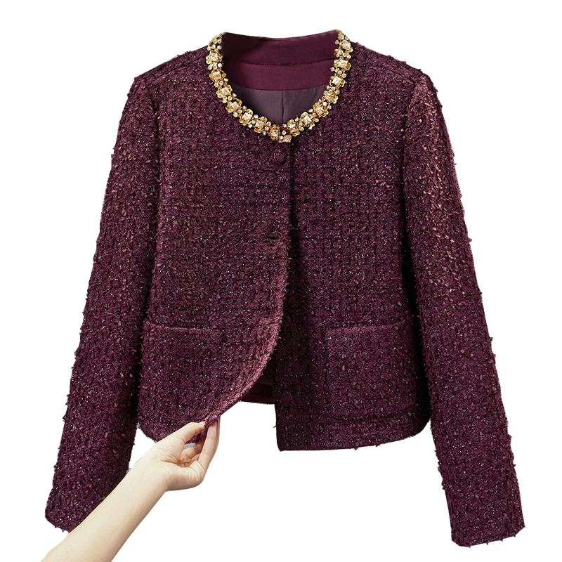 她池2025秋季新款女装时尚法式钉珠单排扣小香风外套T43B5482A