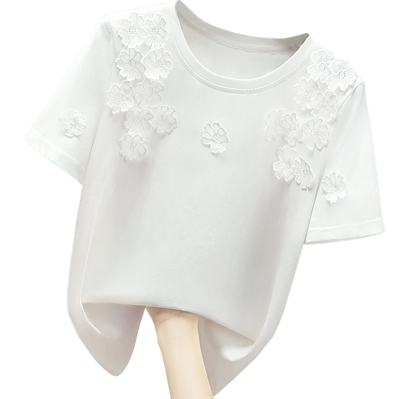 丝柏舍2025夏装新款女圆领短袖休闲上衣立体花朵纯色T恤S32B2112T