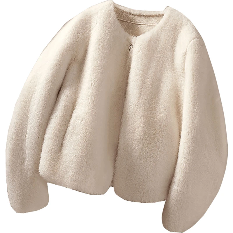 丝柏舍2024冬装新款女圆领长袖气质宽松珍珠扣短款外套S44R7247A