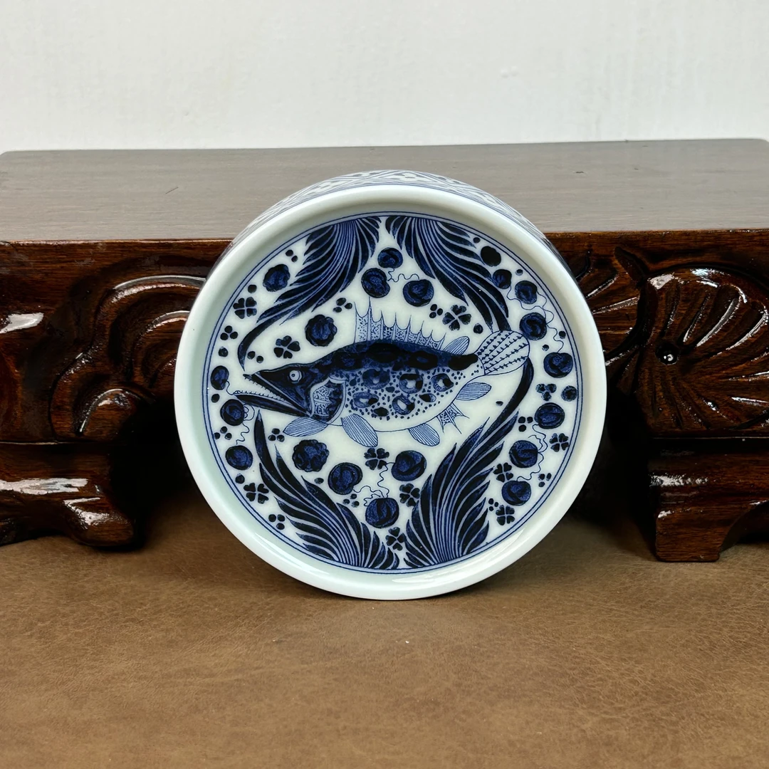 景德镇青花瓷鱼藻纹陶瓷纯手工鳜鱼杯垫盖置家用复古功夫茶茶具