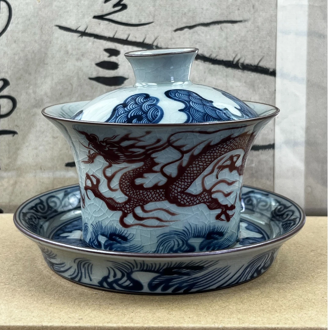 景德镇老陶泥开片釉里红铠甲龙三才盖碗复古高颜值陶瓷瓷盖碗