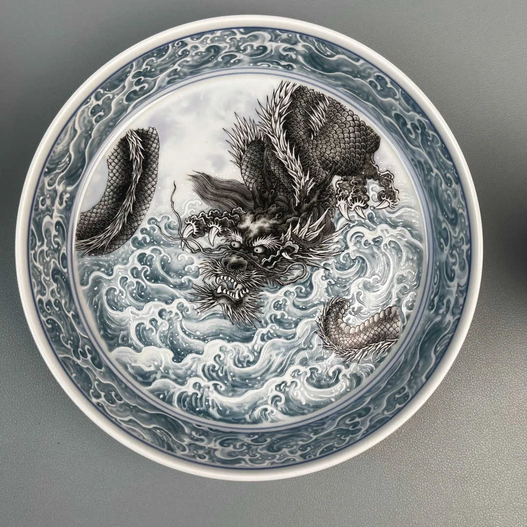 景德镇陶瓷墨龙游海复古青花瓷龙纹茶具釉下彩盖碗瓷厂大容量手绘