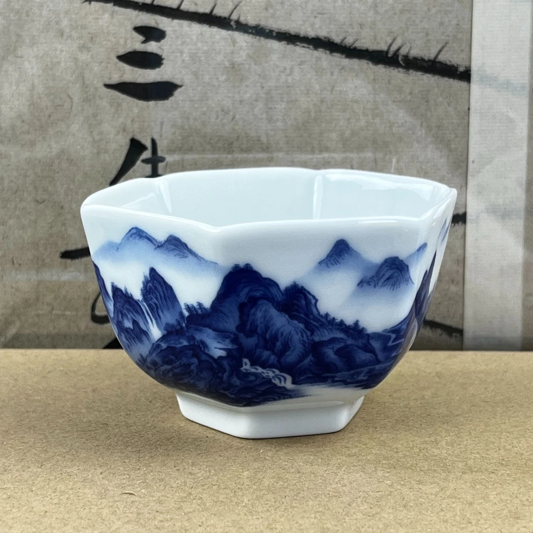 景德镇陶瓷青花山水千里江山白瓷六方杯主人杯大容量高品质茶具