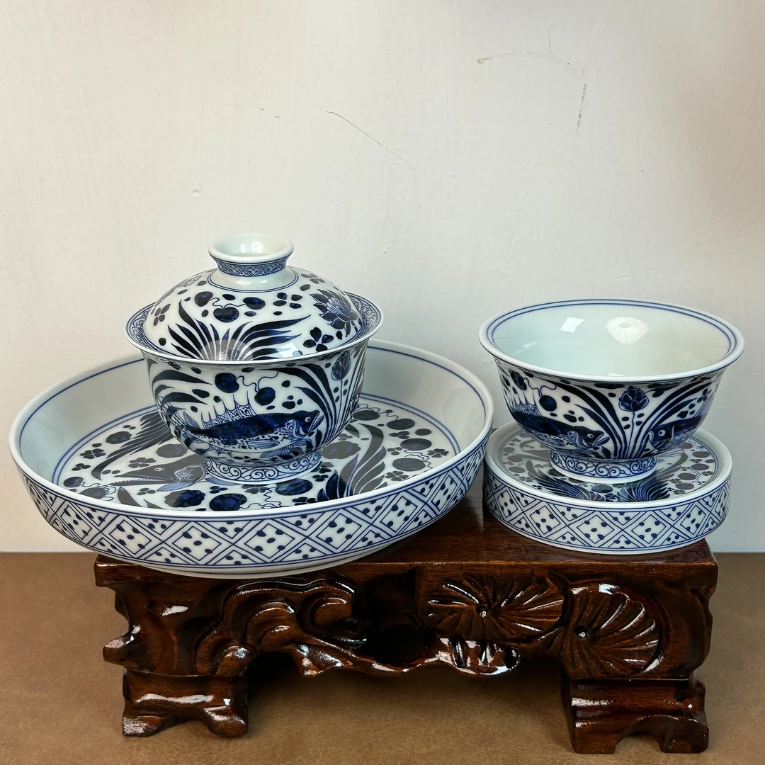 景德镇陶瓷青花瓷鱼藻纹盖碗壶承手工套装茶具功夫茶复古茶具中式