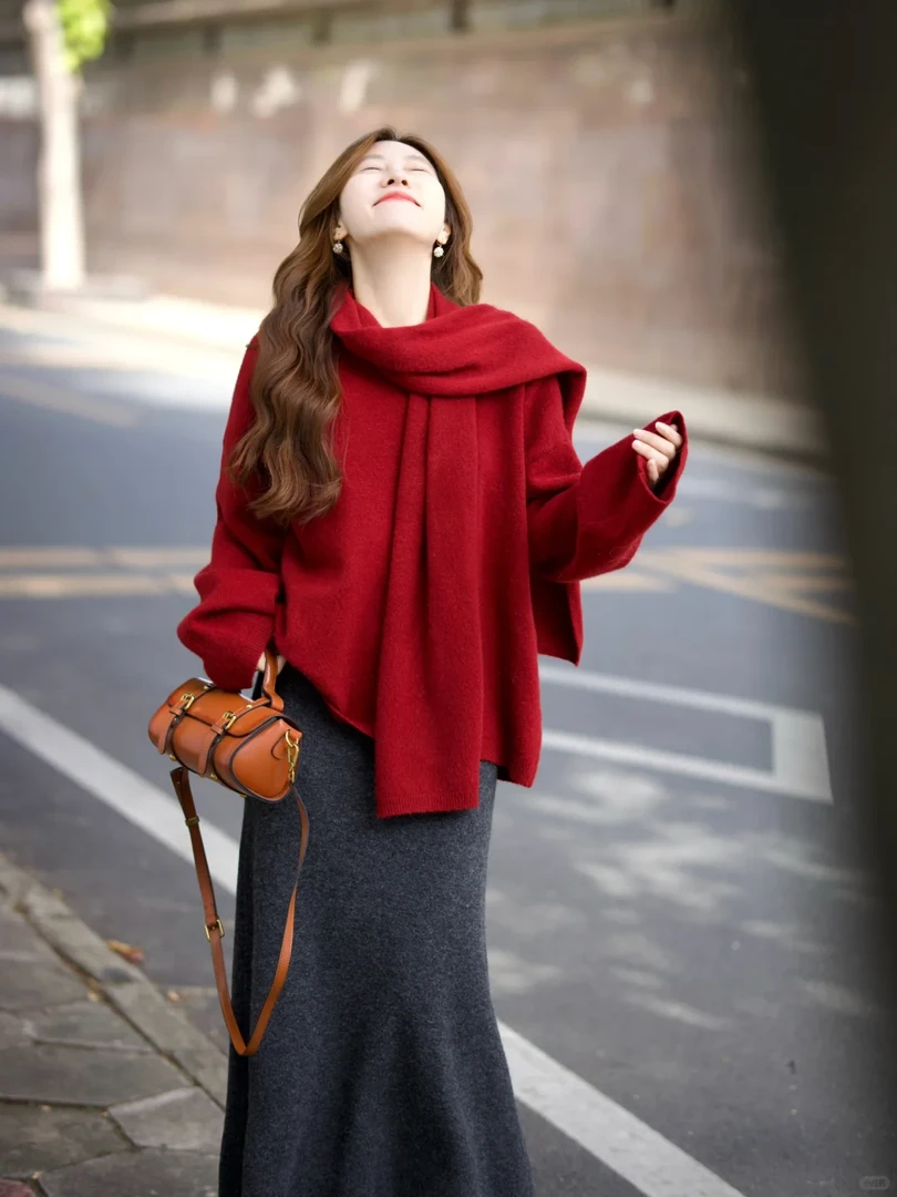 2025秋冬新款氛围感穿搭过年红色毛衣女搭配针织半身裙时尚两件套