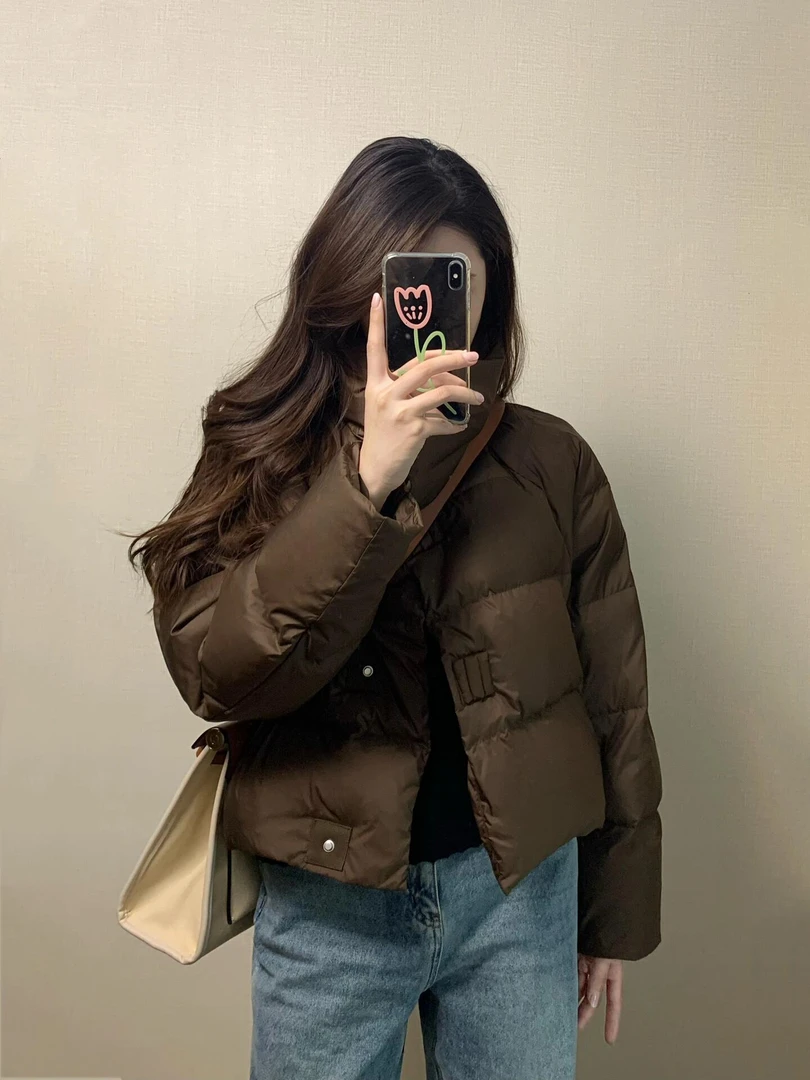 2024秋冬新款韩系穿搭高级感咖色棉服外套女搭配牛仔裤显瘦两件套