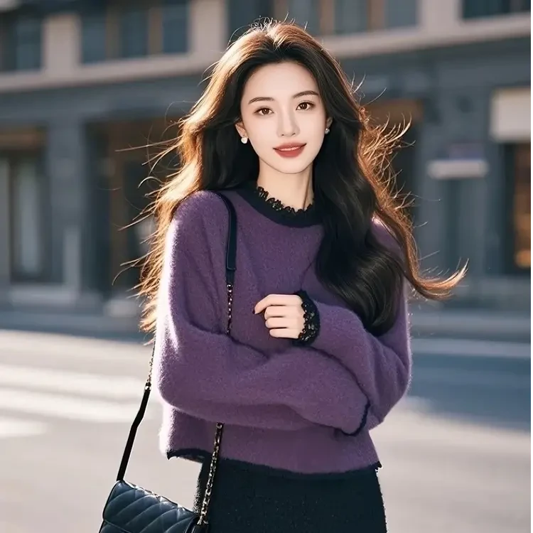 2025春季时尚气质入冬韩系减龄小香风高级感紫色宽松针织毛衣女