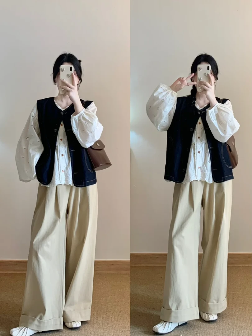 入秋一整套女时尚复古圆领宽松牛仔马甲背心搭配衬衫休闲裤三件套