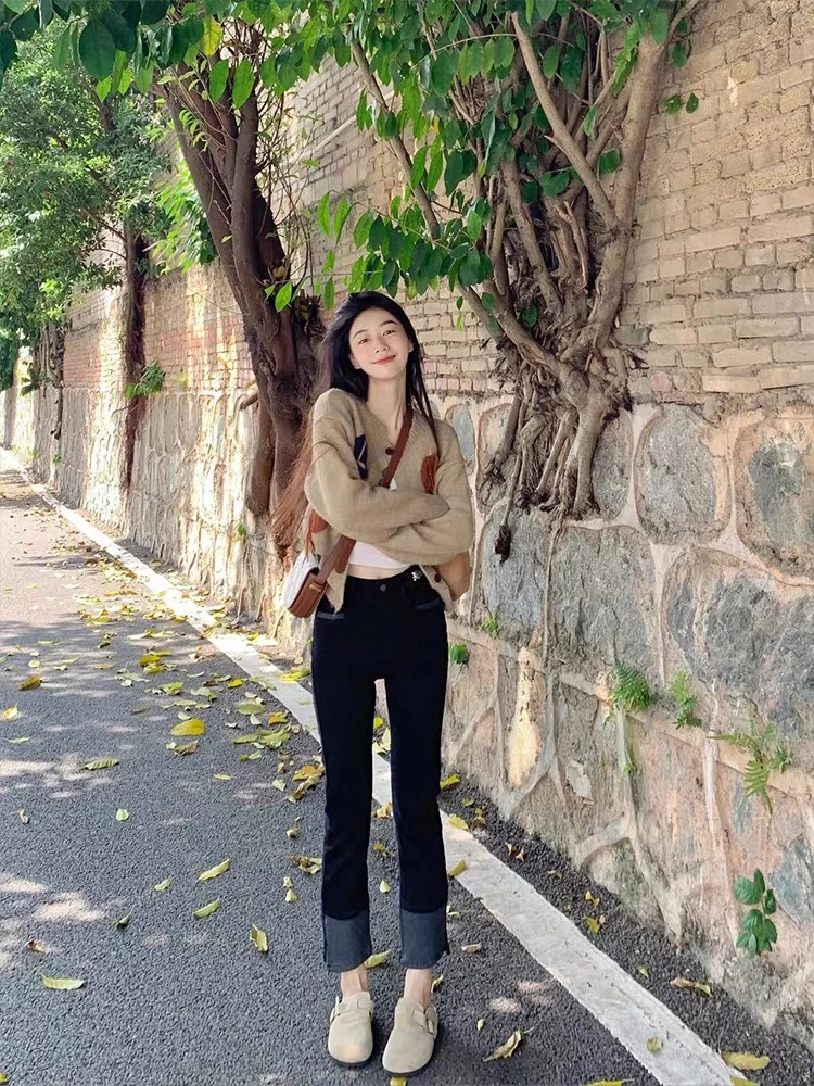 早春新款一整套小个子针织开衫毛衣外套女显瘦百搭牛仔裤两件套潮